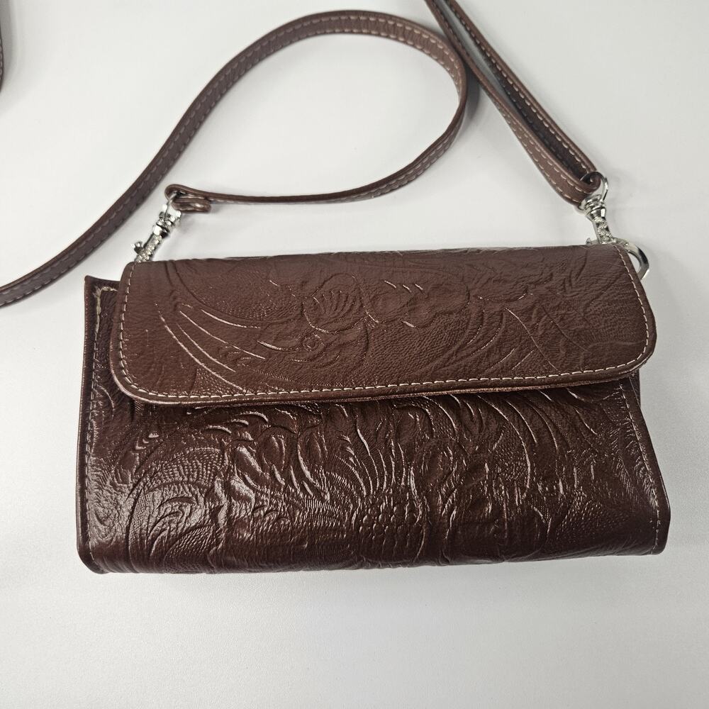 Floral Embossed Envelope Crossbody Wristlet Bag Brown Faux-Leather Western Purse